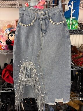 Y2K Pearl Beaded Denim Midi Silver Fringe Tassel Distressed Hem Boho Mermaid